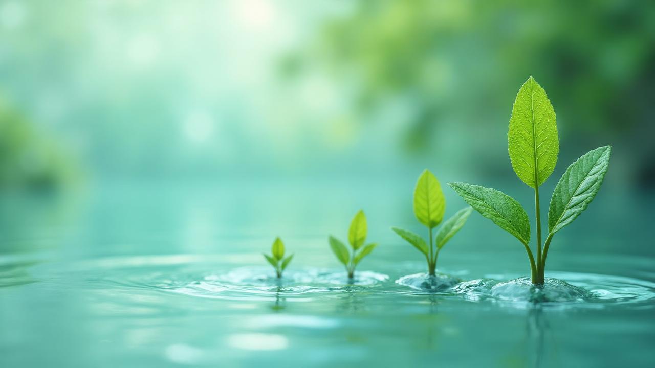 Gentle flowing water with green plants representing growth and renewal